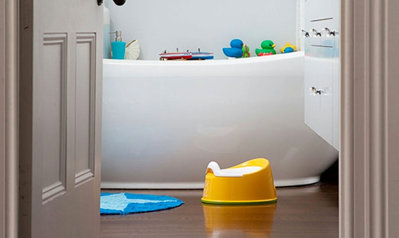 Bathroom containing bath tub and potty seat arranged for a toddler